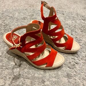 Sofft Bright Orange Suede Strappy Espadrille Wedge Sandals